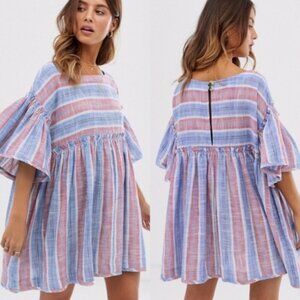 Free People Size XS Blue Pink 100% Cotton Summer Nights Tunic Mini Dress Boho